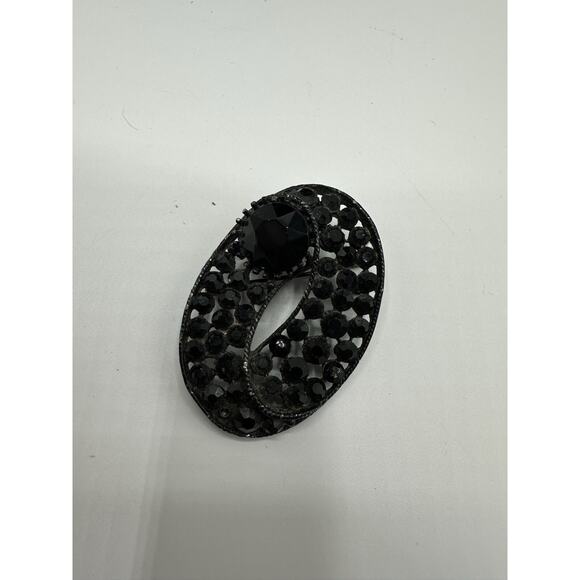 Vintage BSK Black Enameled Rhinestone Mourning Brooch - Picture 1 of 4